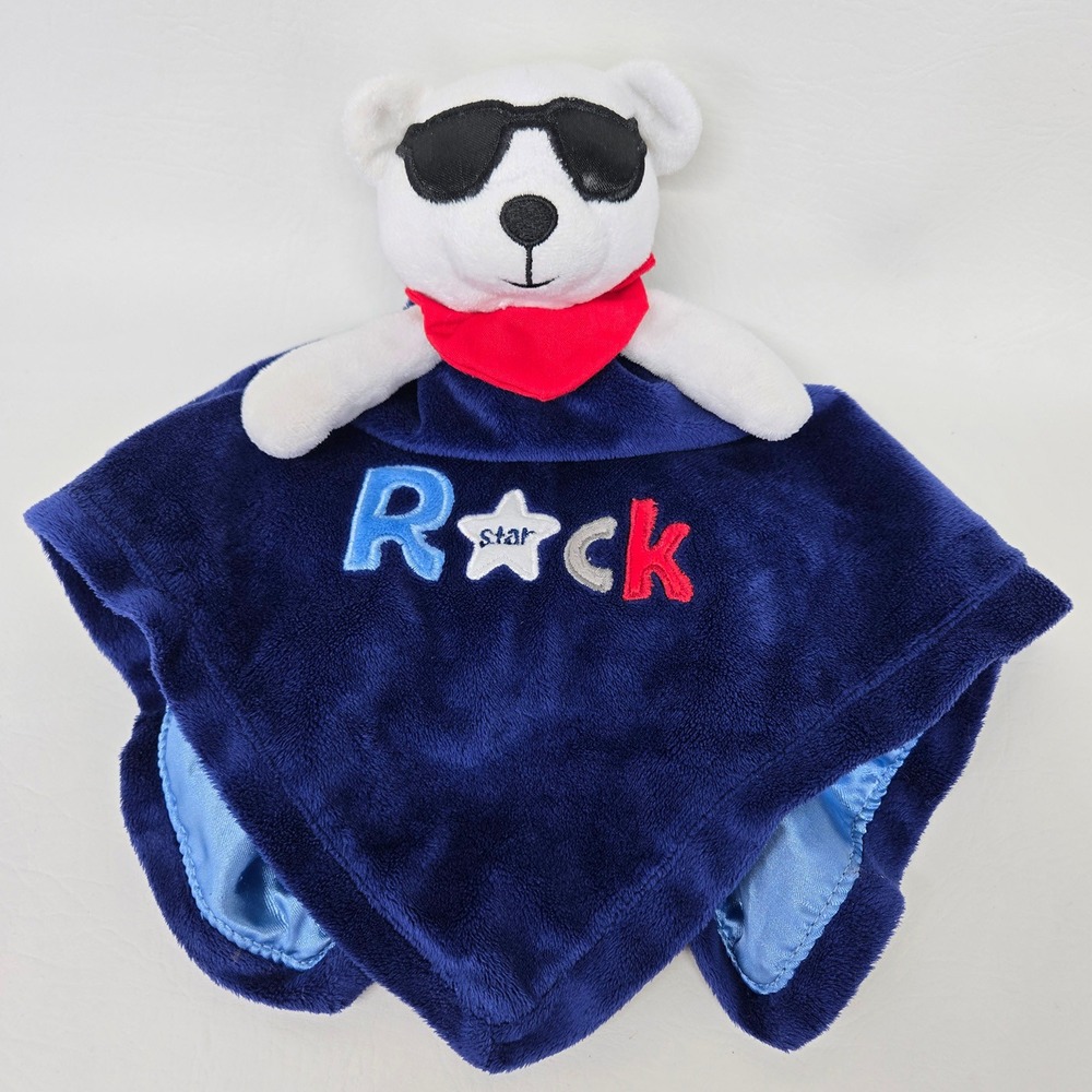 Okie Dokie Rock Star Polar Bear Security Blanket Navy Blue Satin Back Lovey